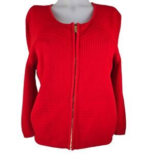 Cache Red Raised Striped Perferated Heavy Knit Full Zip Sweater Women's L